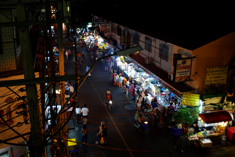Evening street food market on Sukhumvit Soi 38 in Bangkok, Thailand