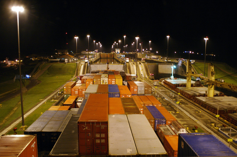 View from of the bridge of the Cap Cleveland approaching the Gatun Locks of the Panama Canal