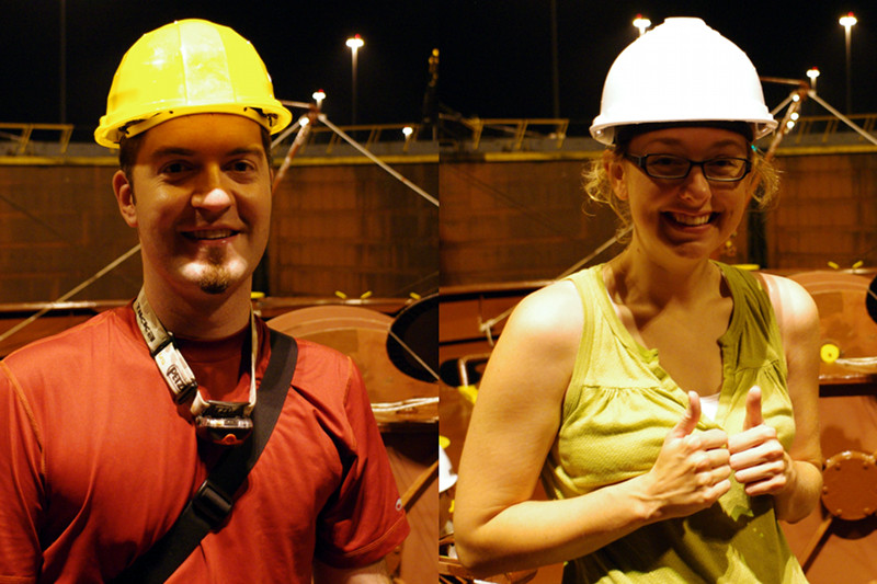 Justin and Stephanie in hardhats at the forecastle of the Cap Cleveland, approaching the Gatun Locks of the Panama Canal