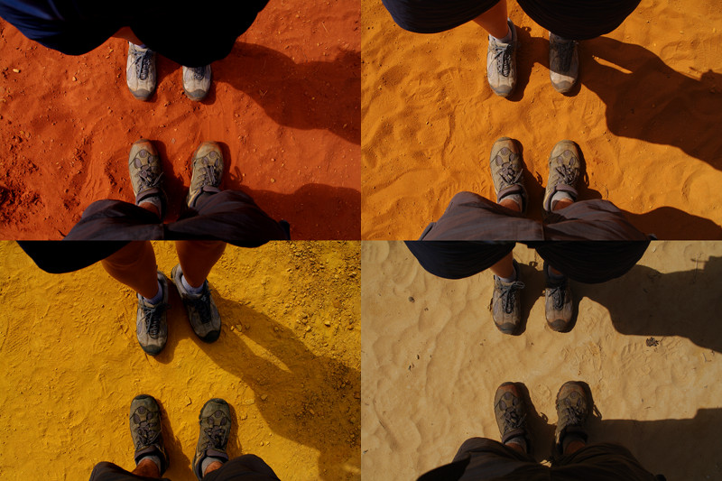 Collage of 4 shades of ocher sand: red, orange, yellow, and white, at the Colorado Provençal near Rustrel, France