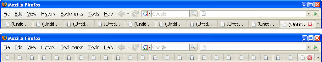 Firefox 2's tab bar before and after tabMinWidth modification