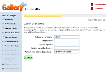 Gallery 2 installation step 6: Admin user setup