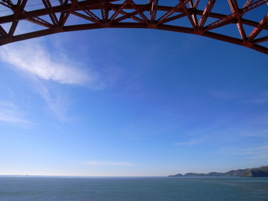 Looking out from the Golden Gate, framed by the Golden Gate Bridge
