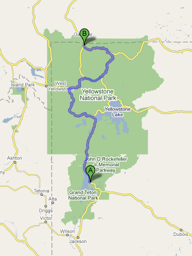 Map showing our path from Grand Teton National Park through Yellowstone