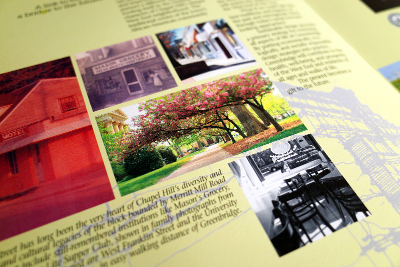 photo of the Greenbridge brochure showing three of my photos of Chapel Hill