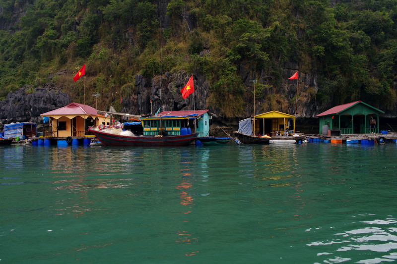 Floating houses in a Hạ Long Bay floating village flying Vietnam flags