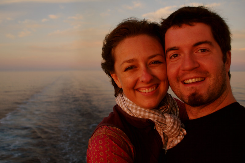 Stephanie and Justin enjoying the sunset at the stern of the Hanjin Palermo