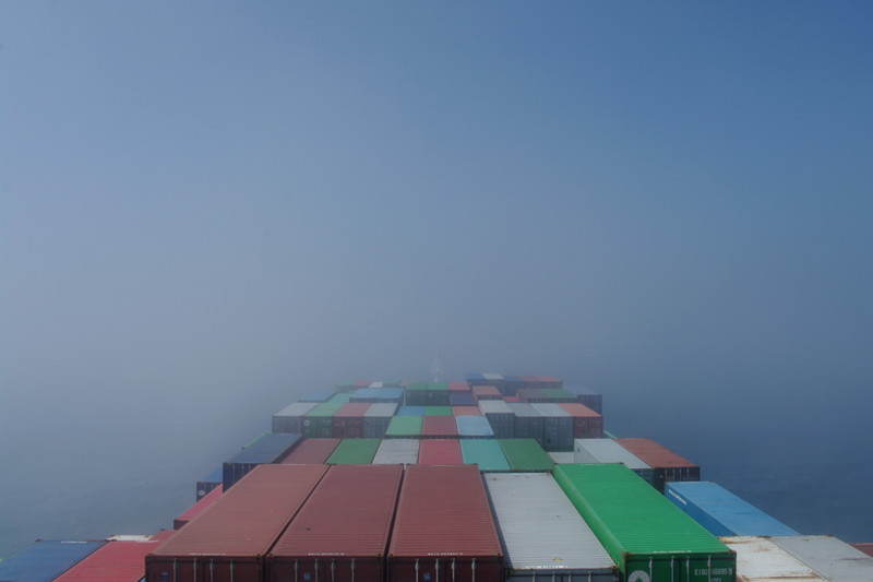 View from the bridge of the Hanjin Palermo, coming out of the fog