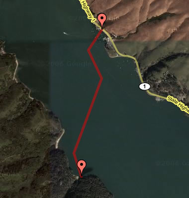 Route across Tomales Bay, kayaking with Stephanie