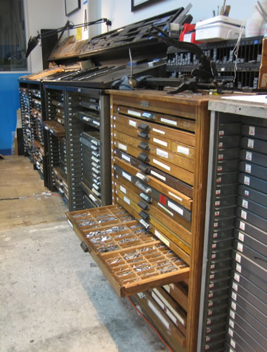 Drawers of type at the San Francisco Center for the Book