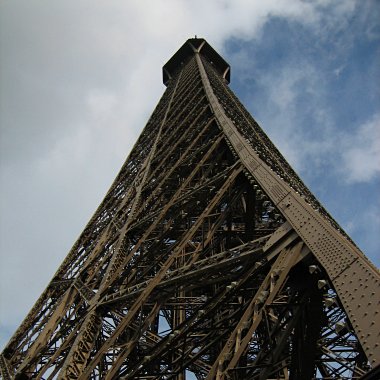 Looking up the Eiffel Tower from the second floor
