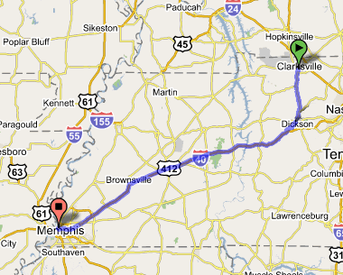 map from clarksville to memphis
