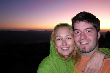 Stephanie and Justin, in front of the sunset on Mount Diablo