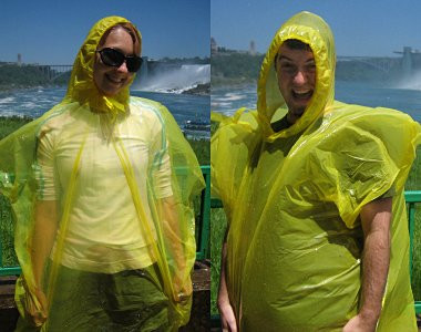 Justin and Stephanie wearing yellow plastic bags (mistcoats) trying to stay dry at Niagara Falls