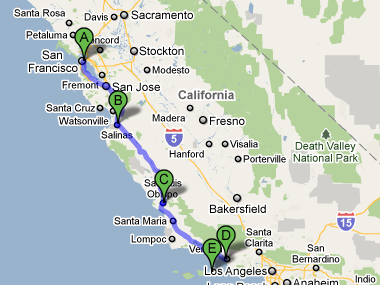 San Francisco to Salinas to San Luis Obispo to Ventura to Channel Islands map