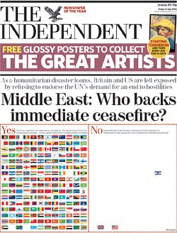 Front page of the The Independent, headline reads 'Middle East: Who backs immediate ceasefire?'