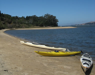 Kayaks on the shore of Tomales Bay