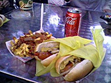 Two hotdogs and bacon cheese fries