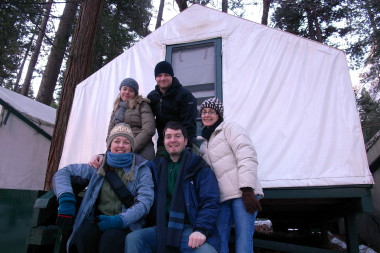 Joy, Kyle, Stephanie, Justin, and Marcia outside our tent