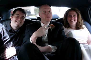 Justin, Mike, and Alice, in the limo on the way to the wedding