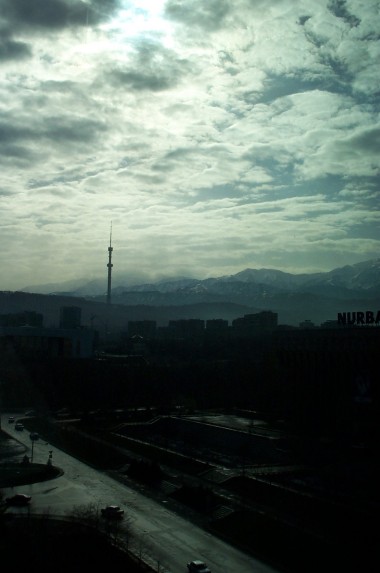 mountains, tv tower at dawn