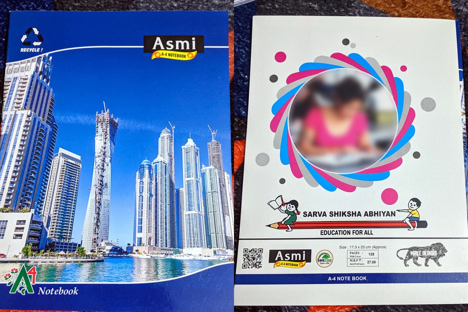 Front and back cover of an Asmi A4 Notebook from India