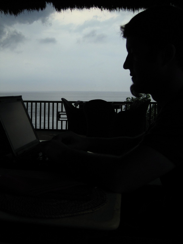 Justin updating WordPress from the Double One Restaurant in Amed, Bali