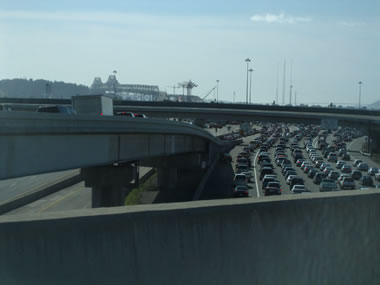 Traffic backed up before the Bay Bridge toll plaza