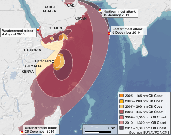 Map of the range of Somali pirate attacks from the BBC