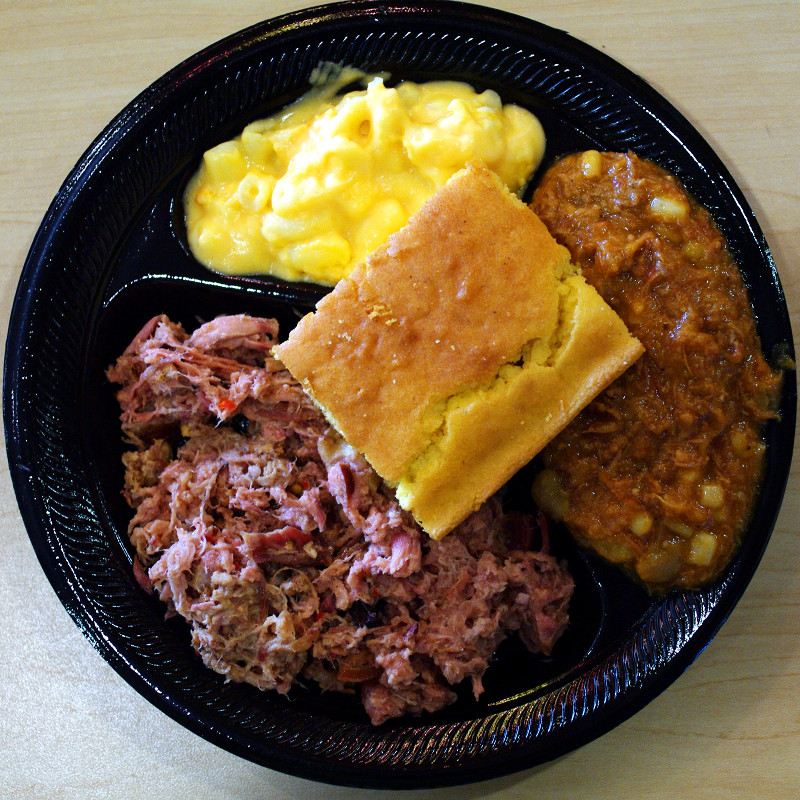 Barbecue plate from Brookward Farms with pulled pork, mac and cheese, brunswick stew, and cornbread