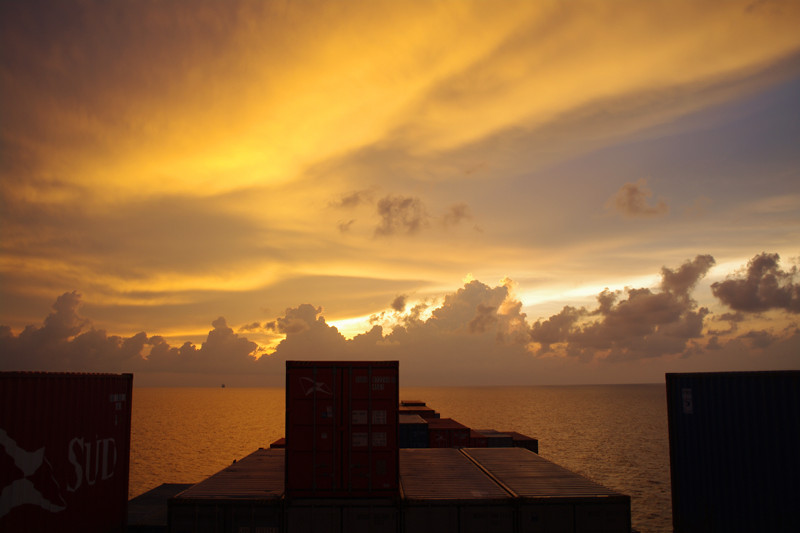 Sunset outside Cartagena, Colombia from the owner's cabin of the Cap Cleveland