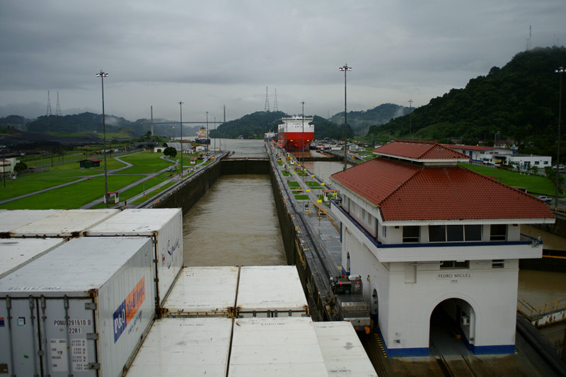 Looking back at the Pedro Miguel Locks of the Panama Canal