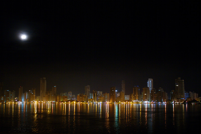 Cartagena, Colombia skyline reflections at night