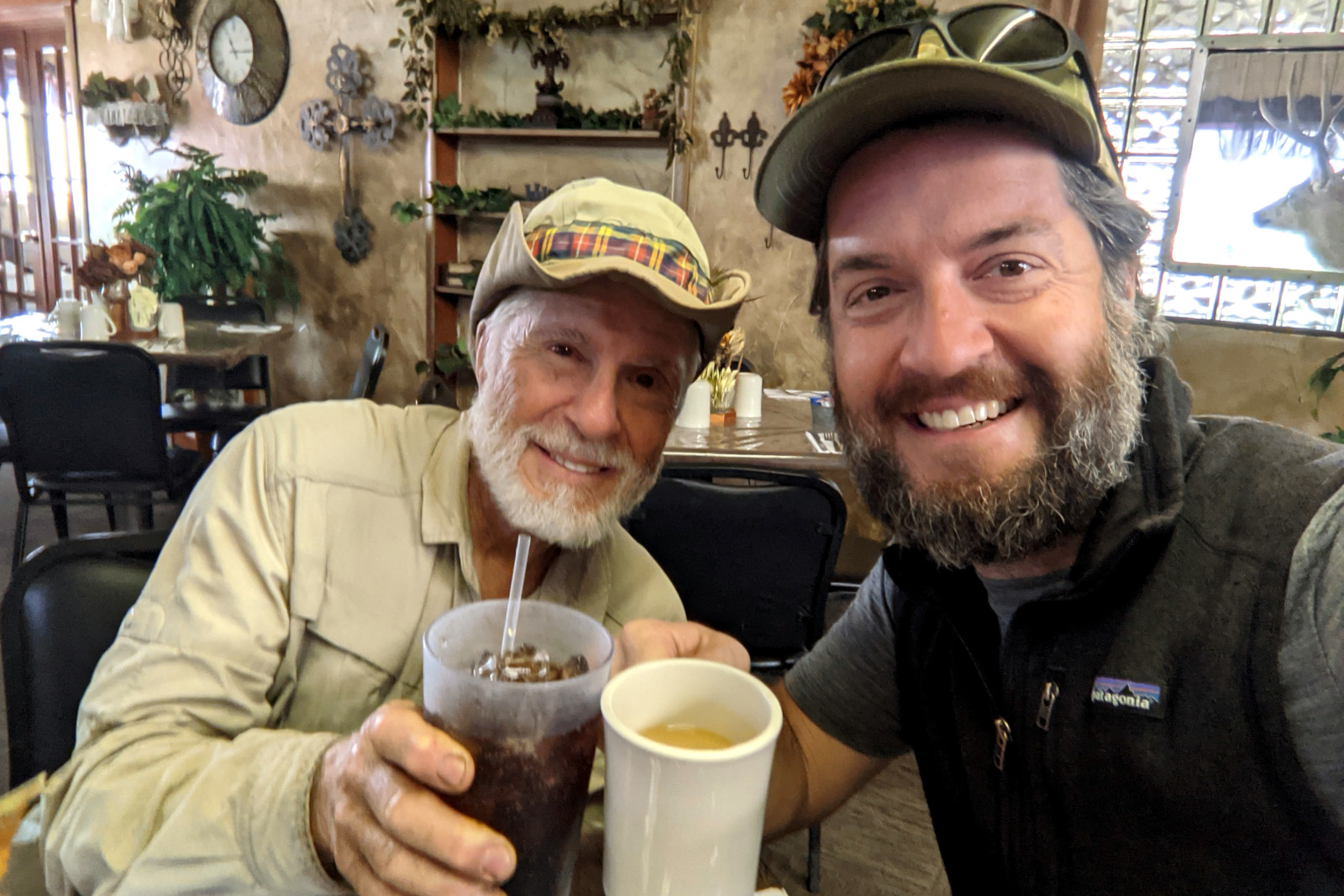 Selfie with Dad aka 'Tartan' and Justin cheersing before brunch in Lima, Montana