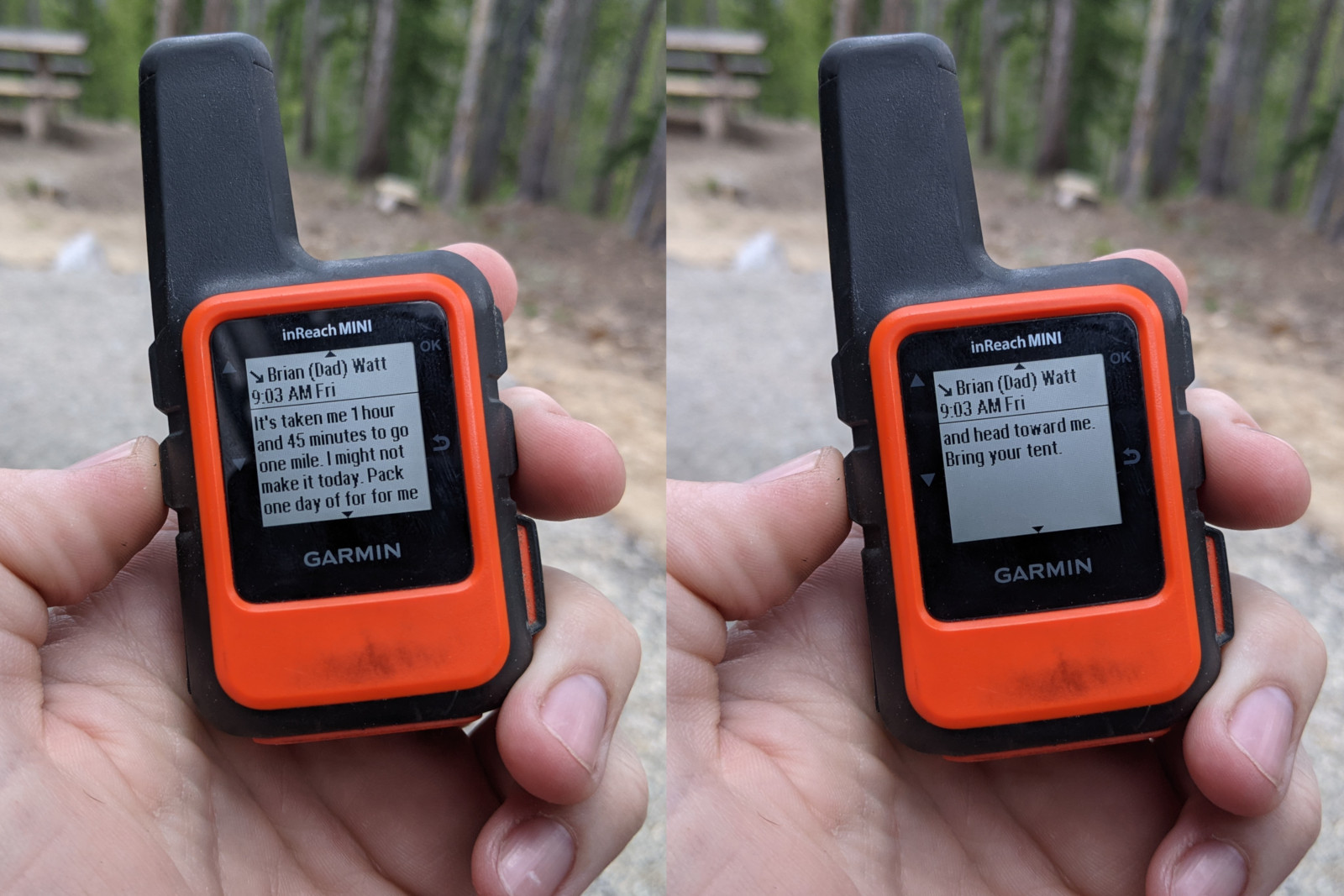 Collage of 2 photos of the inReach MINI screen showing the message above