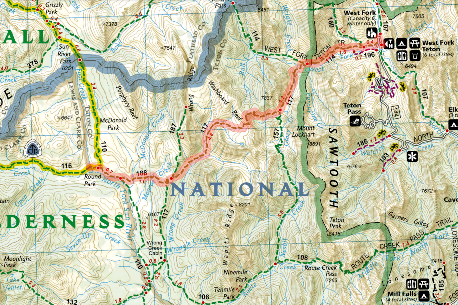 Map of 11.2-mile path (highlighted in red) from the West Fork Teton Trailhead to Fool Creek on the CDT
