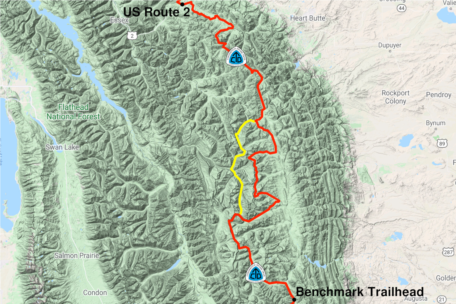 Terrain view map of the Continental Divide Trail within the Bob Marshall Wilderness