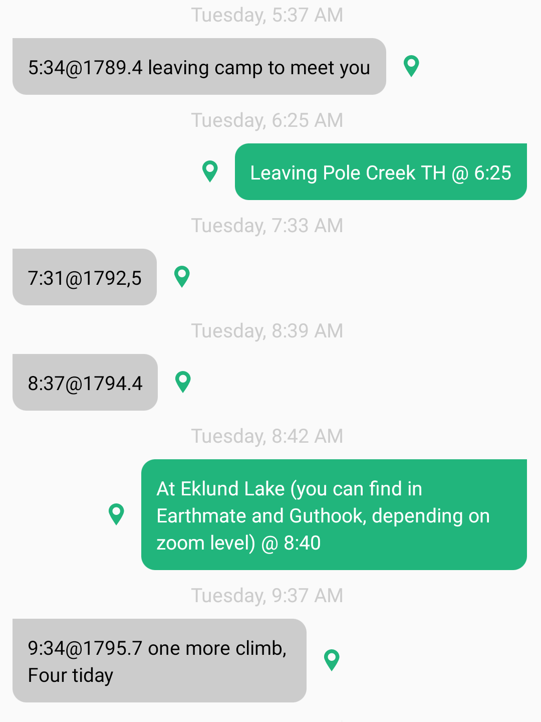 Screenshot of Earthmate messages with times and trail miles
