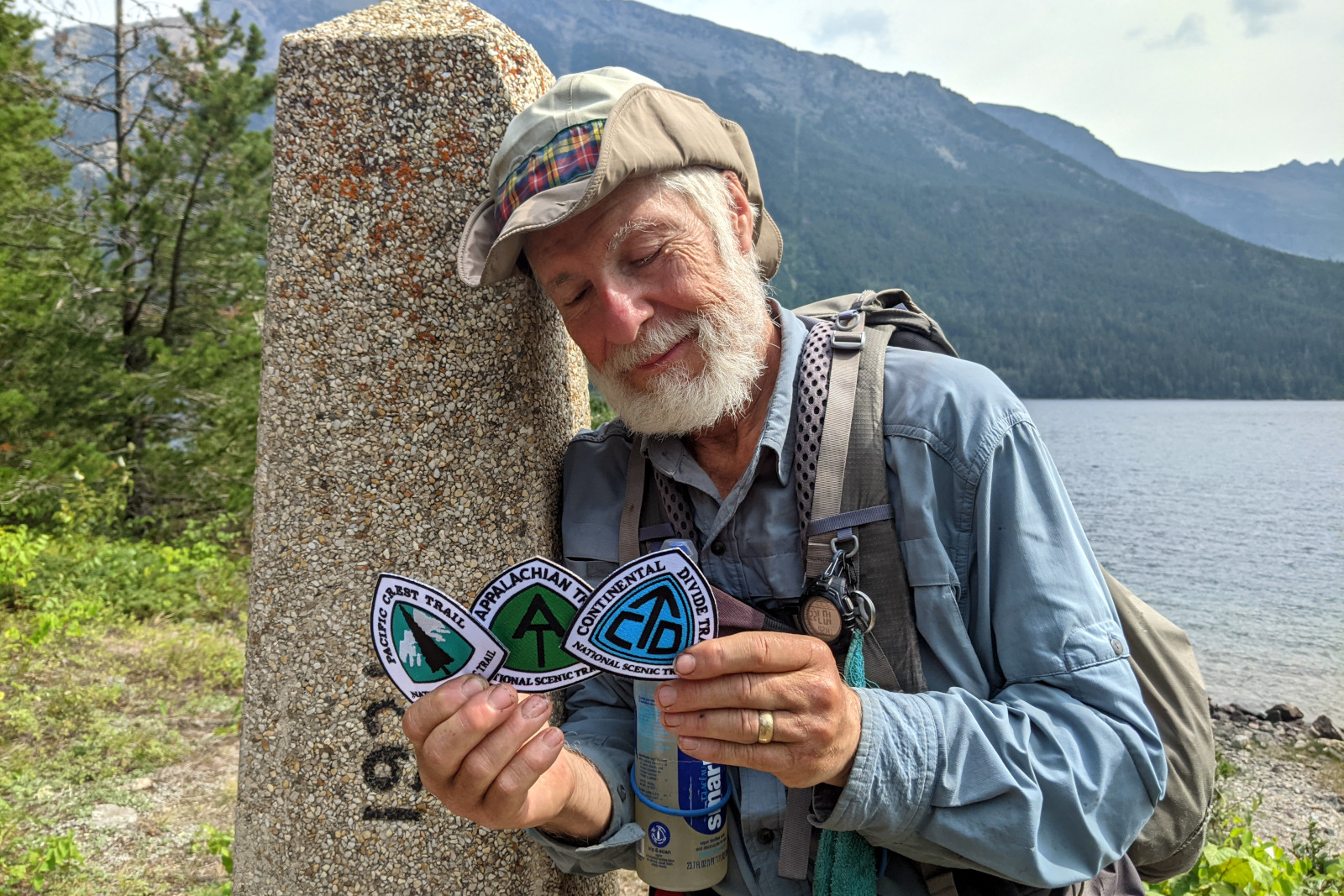 Dad/Tartan at the northern terminus of the Continental Divide Trail on the Canada–United States border at Upper Waterton Lake