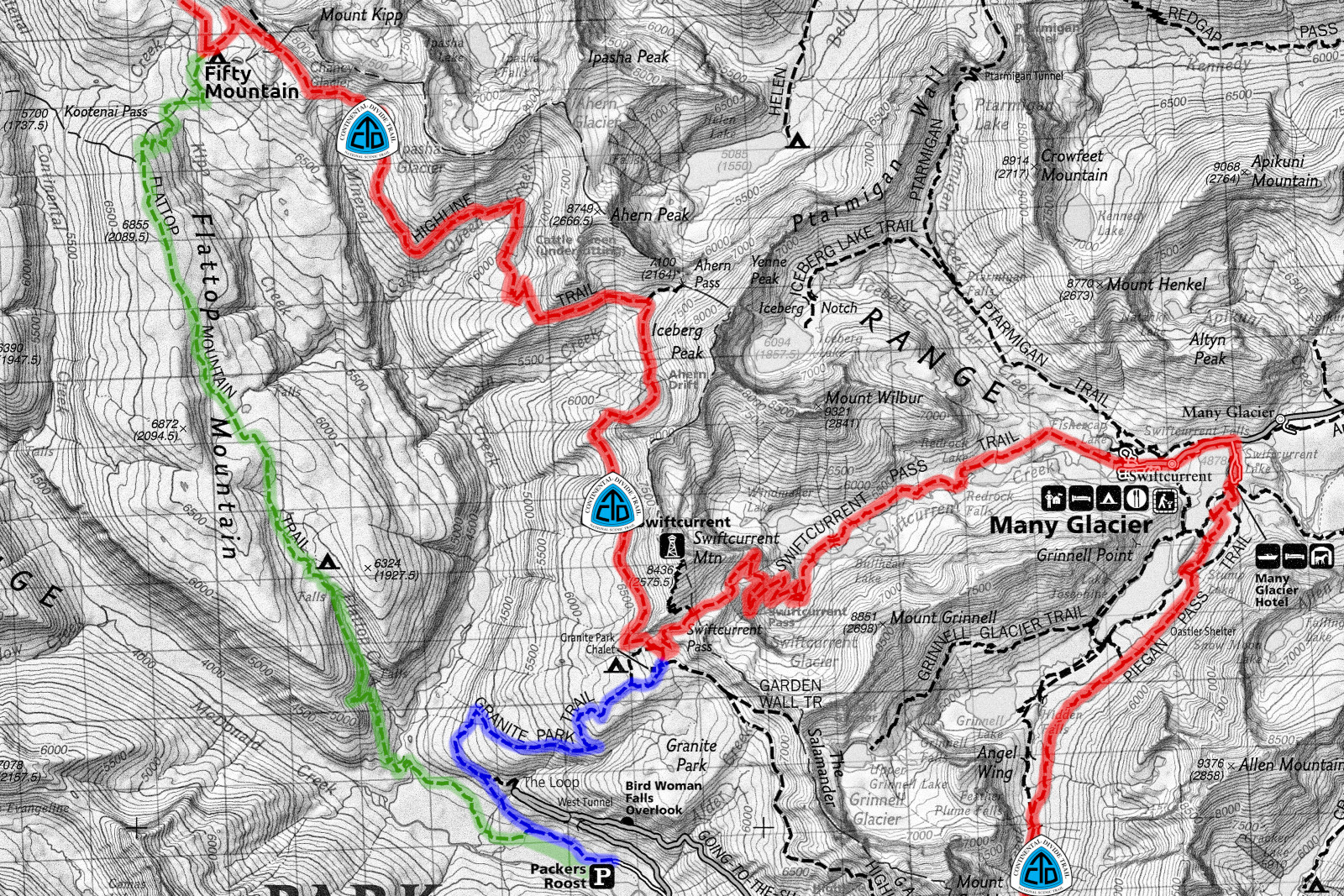 Map of the path from Packers Roost to Granite Park Chalet on the CDT in Glacier National Park