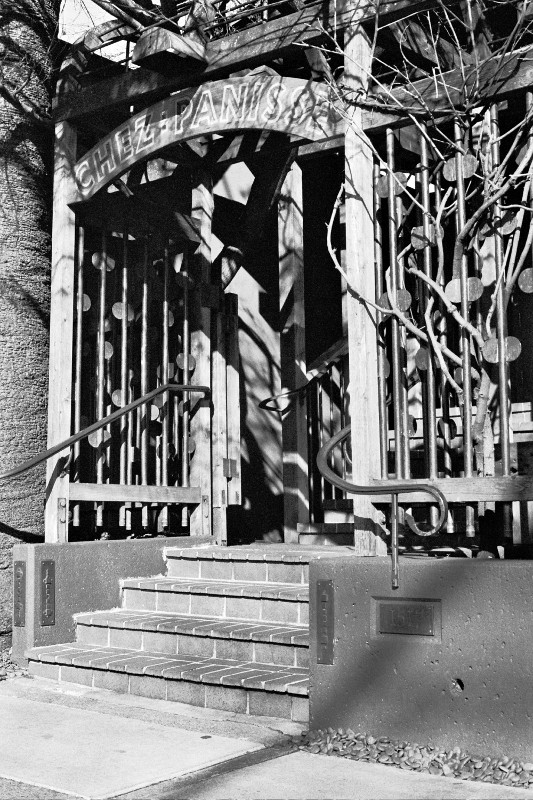 The entrance to Chez Panisse (in black and white)