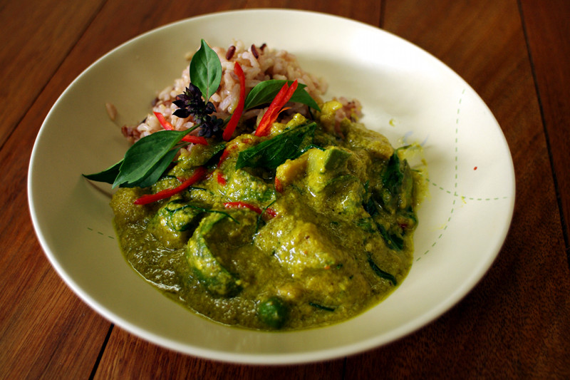 Green curry with chicken made at A lot of Thai cooking class in Chiang Mai, Thailand