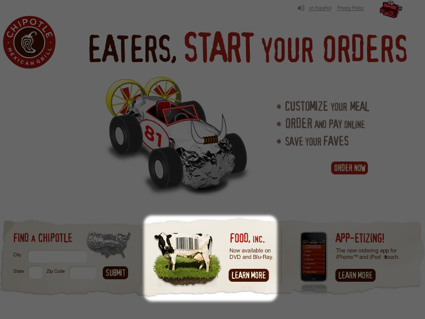 Chipotle highlighting the movie Food, Inc. on their homepage