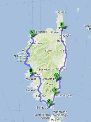 Map of our road trip around Corsica: Calvi, Ajaccio, Bonifacio, Porto Vecchio, Pulischellu Canyon, Bastia