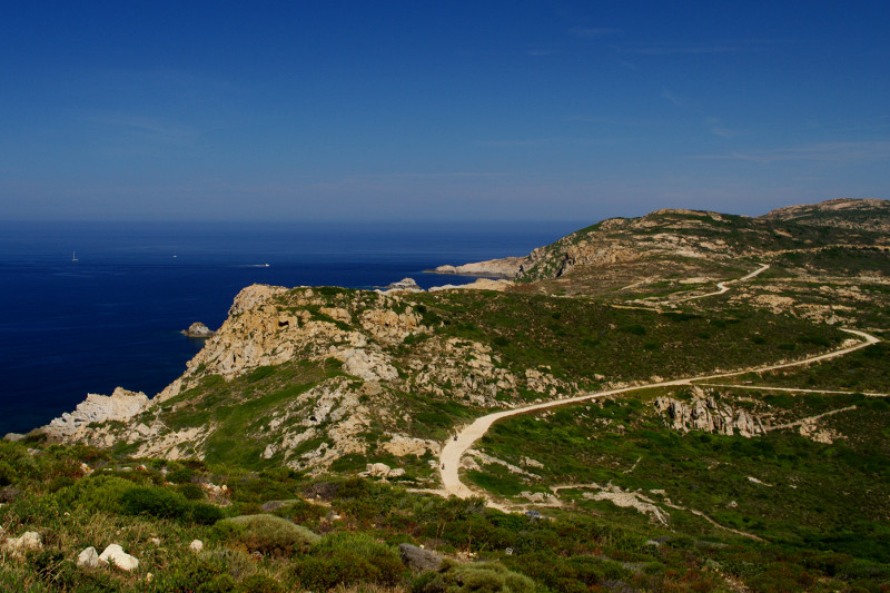 Seascape with a winding road, Corsica, France