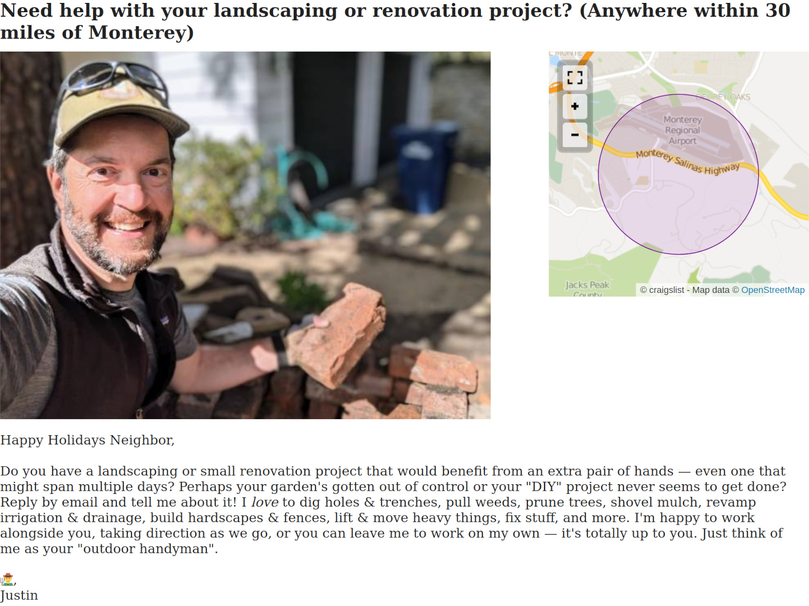 Screenshot of my 'Need help with your landscaping or renovation project?' Craigslist ad, circa December 2023