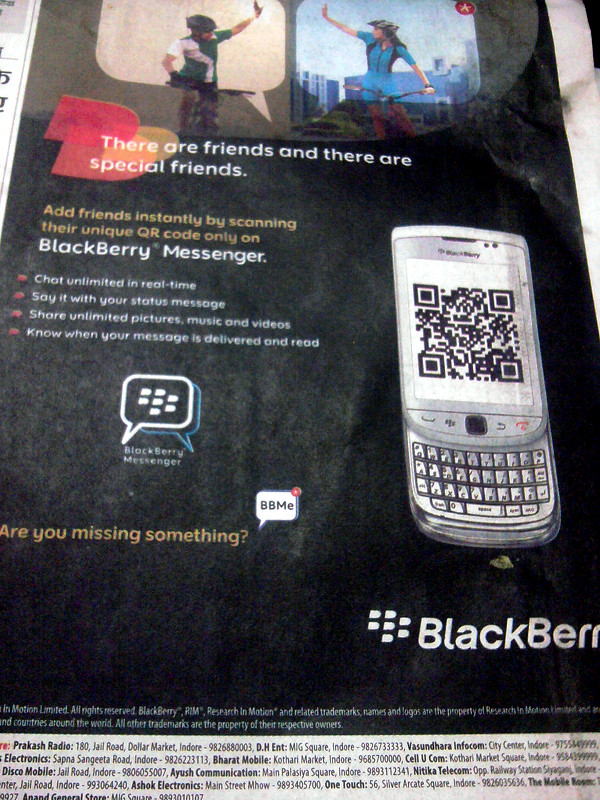 A photo of the Blackberry India ad on the front page of Dainik Bhaskar from May 7, 2011, showing my QR Code