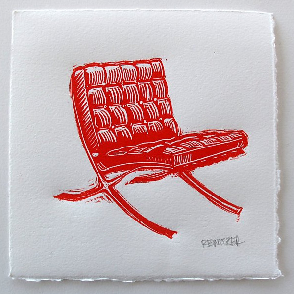 Eric Rewitzer's red barcelona chair linocut on SFGate