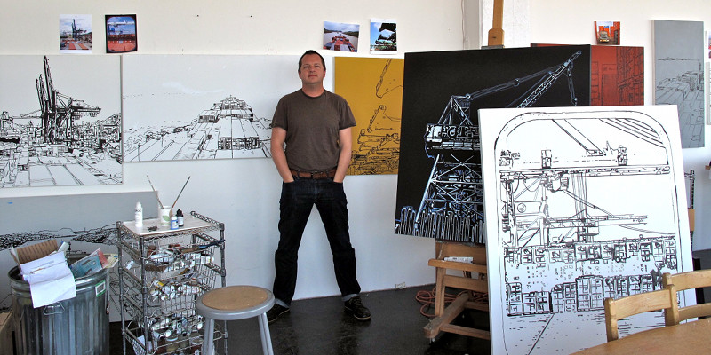 Eric Rewitzer with his PANAMAX paintings, outlined