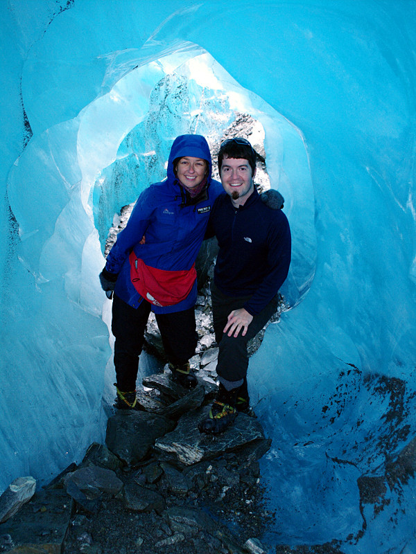 Stephanie and Justin in a blue ice cave at Franz Josef Glacier